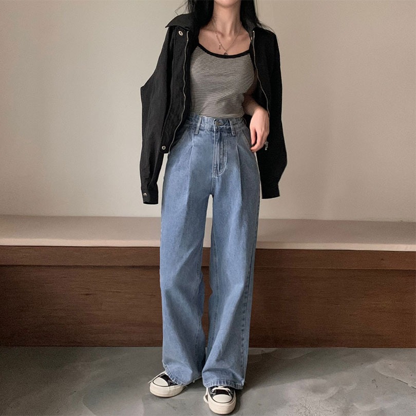 韓国の女性ファッション/ [3size/5color] フロントピンタックハイウエストワイドデニムパンツ pt1368