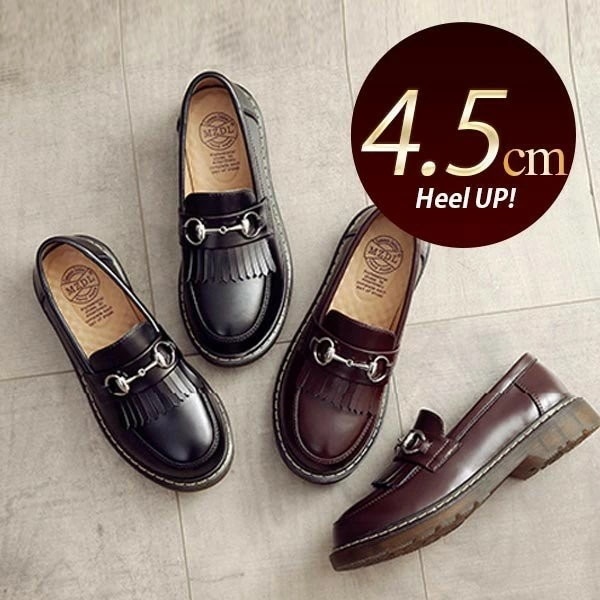 レディース カジュアル フリンジ ローファー 本革 4.5cmヒール ブラック ワインレッド 5,180円