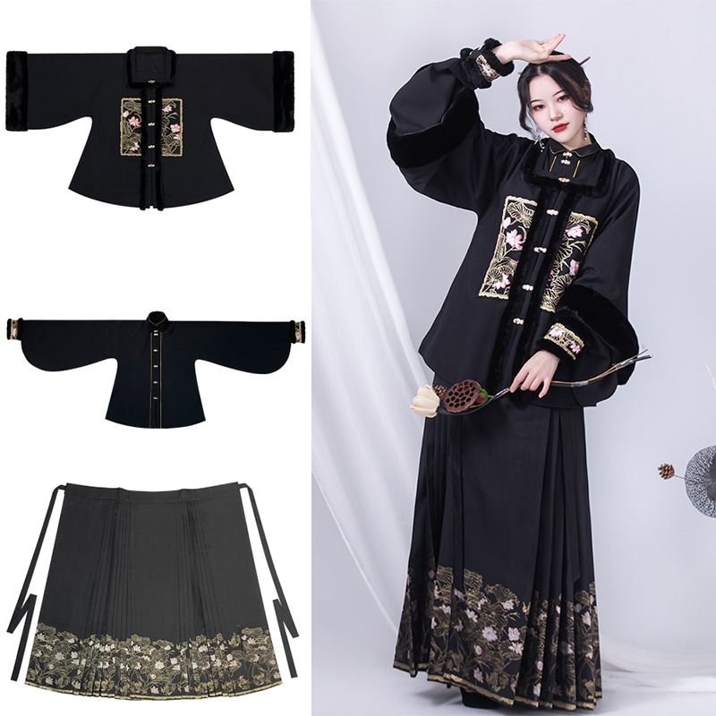 改良漢服セット 秋冬 チャイナ風セットアップ アウター 中着 巻きスカート 黒金 チャイナ風普段着 琵琶袖コート 中華服古装 演出服 撮影服