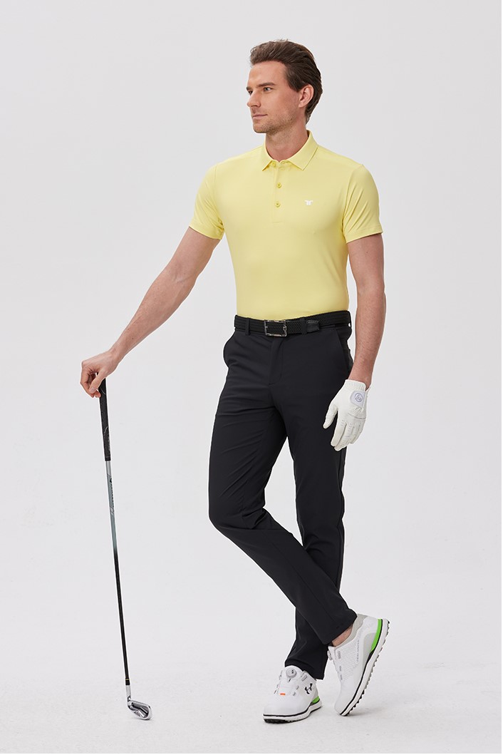 Teetimes ゴルフ 半袖 Tシャツ メンズ トップス 夏 速乾 通気性 菱形ジャガード スポーツ ポロシャツ イエロー