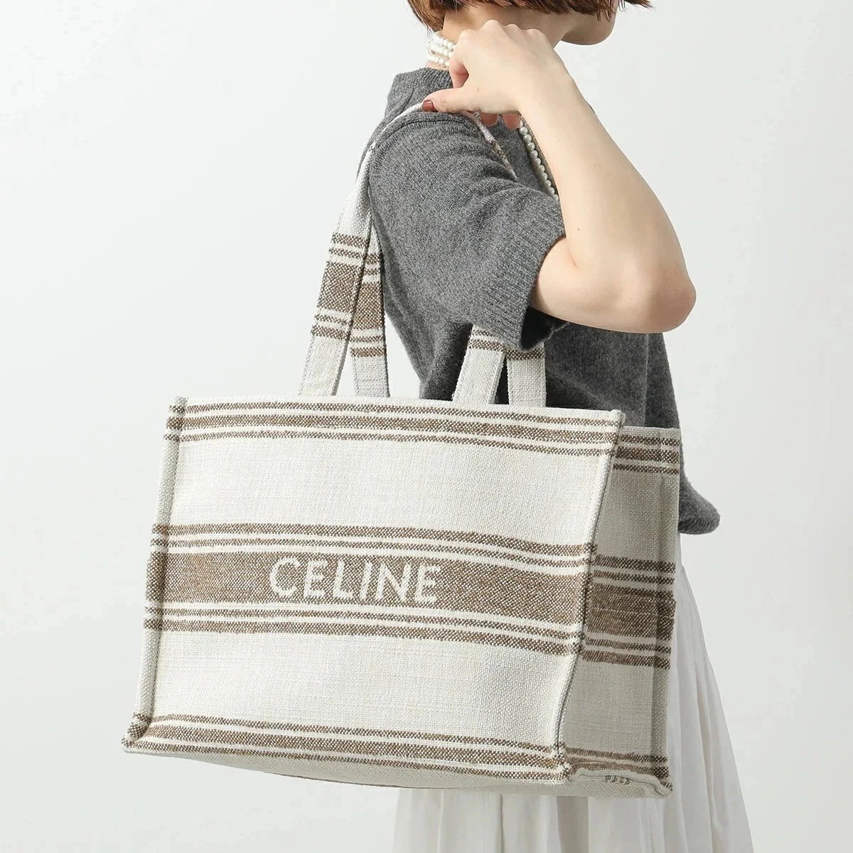 CELINE セリーヌ トートバッグ Large Cabas ラージ カバ 196762EZ7.18TN レディース テキスタイル ロゴ ストライプ 鞄 Tobacco/Tan