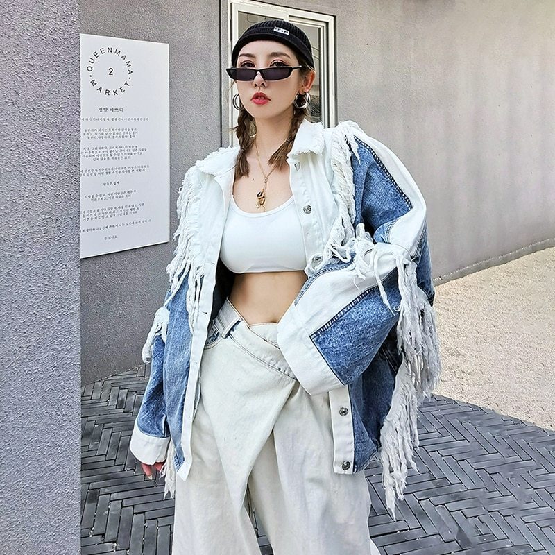 フリンジデニムジャケット レディース デニムジャケット ルーズ ミドル カジュアル ジャケット トレンド a3344