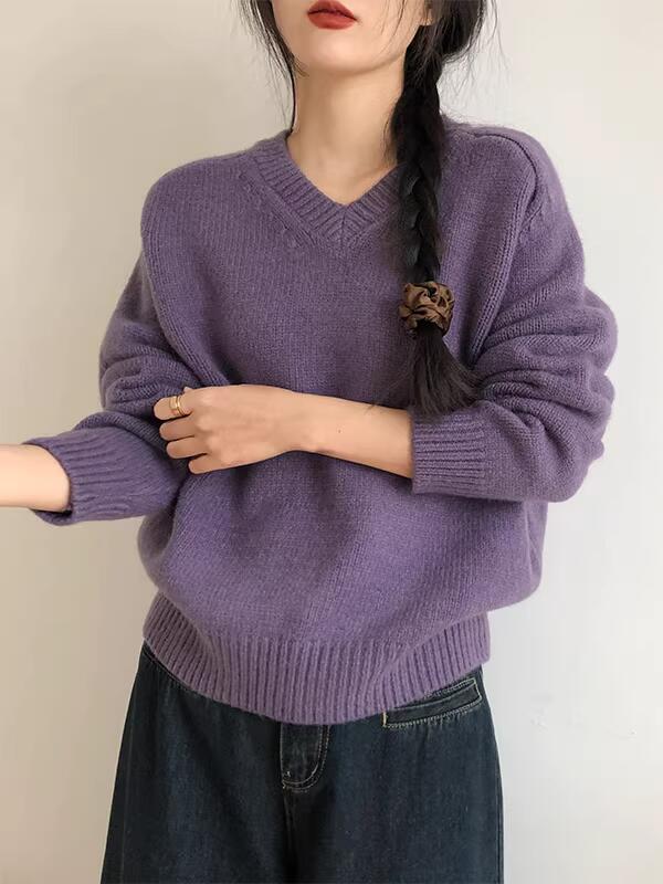 2024新作ニットセーター レディース グレー/パープル/ベージュ ラムウール＆ウサギ毛ブレンド 秋冬 トップス ドライクリーニング対応 防寒 暖かい 柔らかい 軽量 おしゃれ Vネック LPIUTY