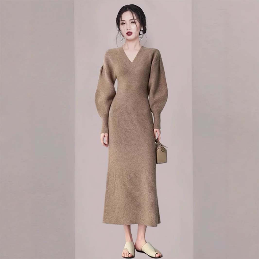 【1つ買うと10つ無料】高度なセンサーニットドレスドレスの女性の秋と冬のレトロコート厚さのセータースカート