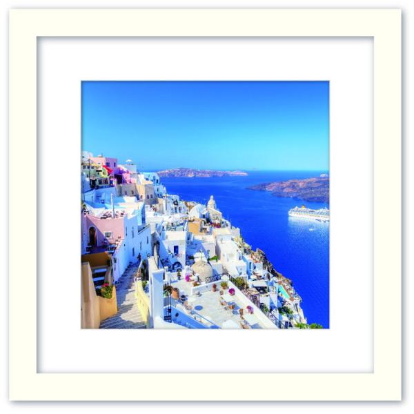 ファブリックパネル アートフレーム 飾り おしゃれ 景色 壁掛け ウォールデコレーション 海 地中海 風景 情景 海辺 街並み 青空 Lサイズ 525x525mm