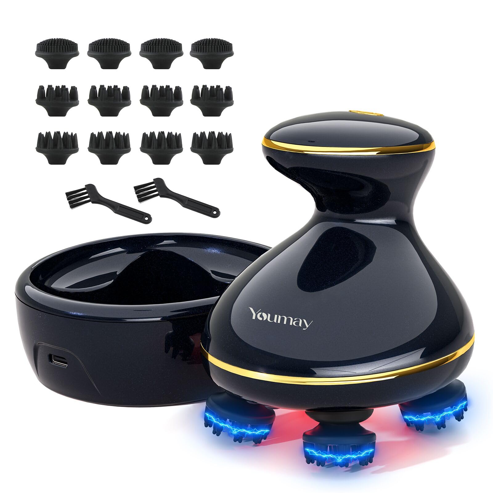 Youmay ヘッドスパ EMS 電動頭皮ブラシ 電気針 赤色LED機能付き 振動機能付き スカルプケア フェイスケア EMS HEAD SPA IPX7防水 乾湿両用 リラクゼーション器 15分タイ