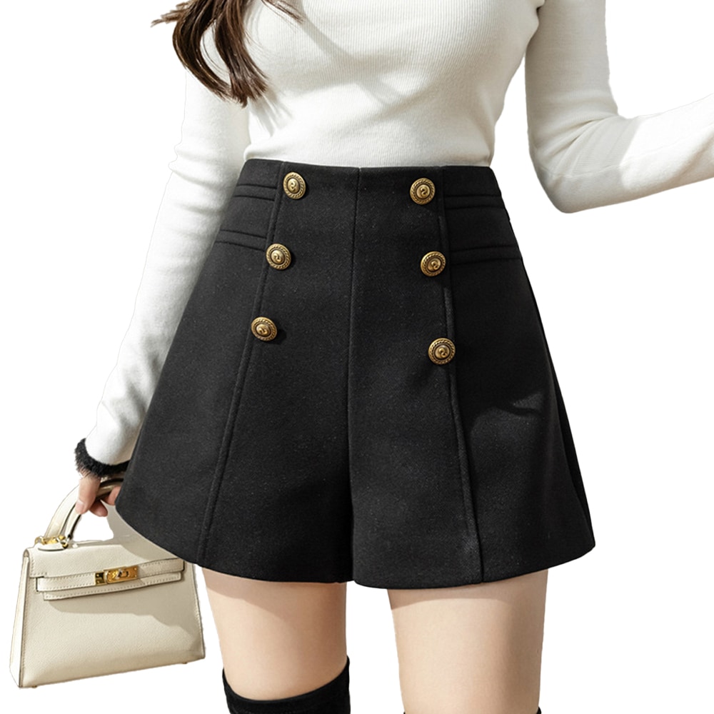 [最安値挑戦]！ボトムス ショーパン バックファスナー 短パン 美脚 ハーフパンツ 脚長効果 ダブルボタン パンツ ハイウエスト 秋冬 レディース Aラインショートパンツ
