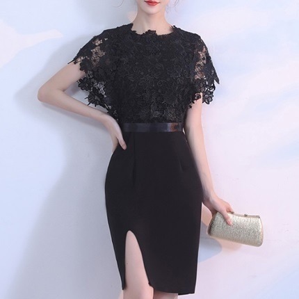 1881.タイトスリットショート丈パーティドレス（ブラック）2019 春夏 sale 春夏 sale ワンピース クルーネック 花柄 ノースリーブ ミディアム レース お呼ばれ パーティー 結婚式 披