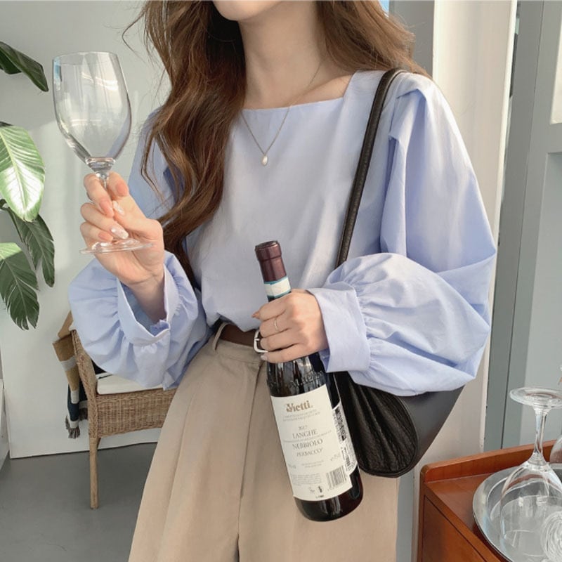 2色 春 夏 ブラウス l 無地 シンプル スクエアネック ボリューム袖 白 トップス 青 着回し 上品 きれいめ 長袖 スタイリッシュ モテる レディース ライトブルー ホワイト 水色 白 小さ