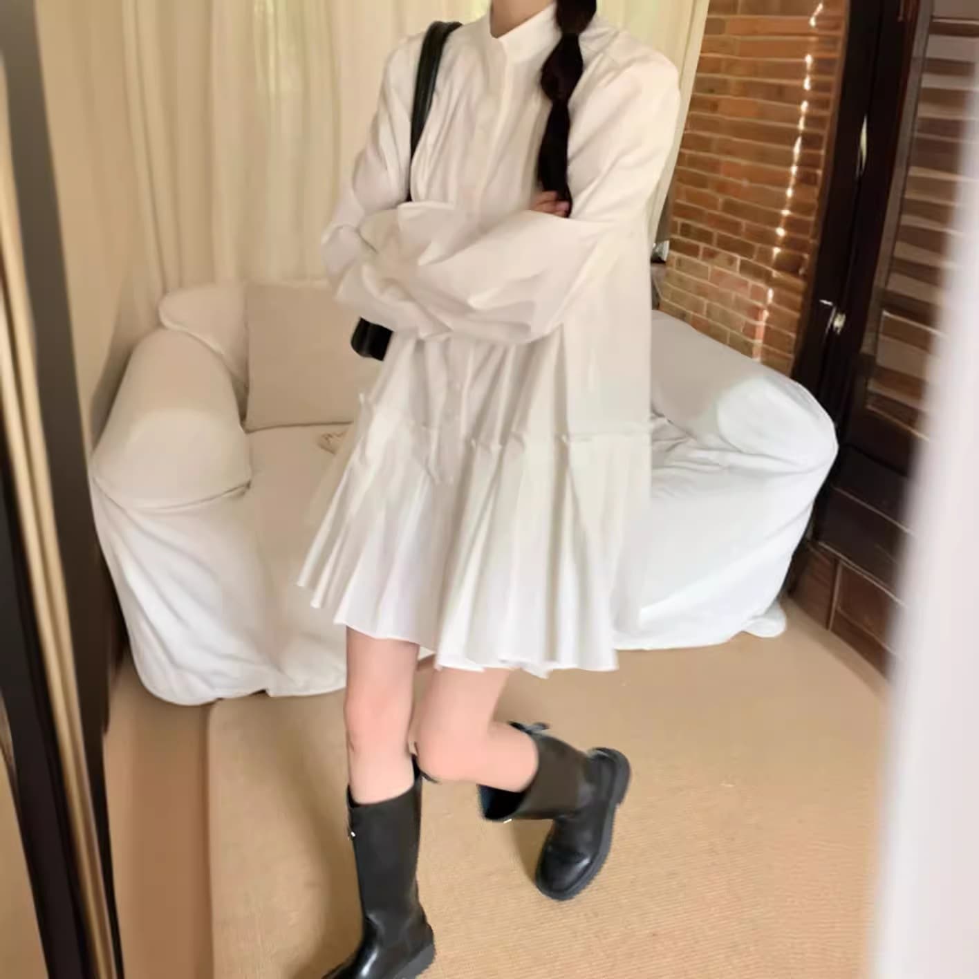 レディースワンピース 韓国ファッション イレギュラー長袖シャツワンピース