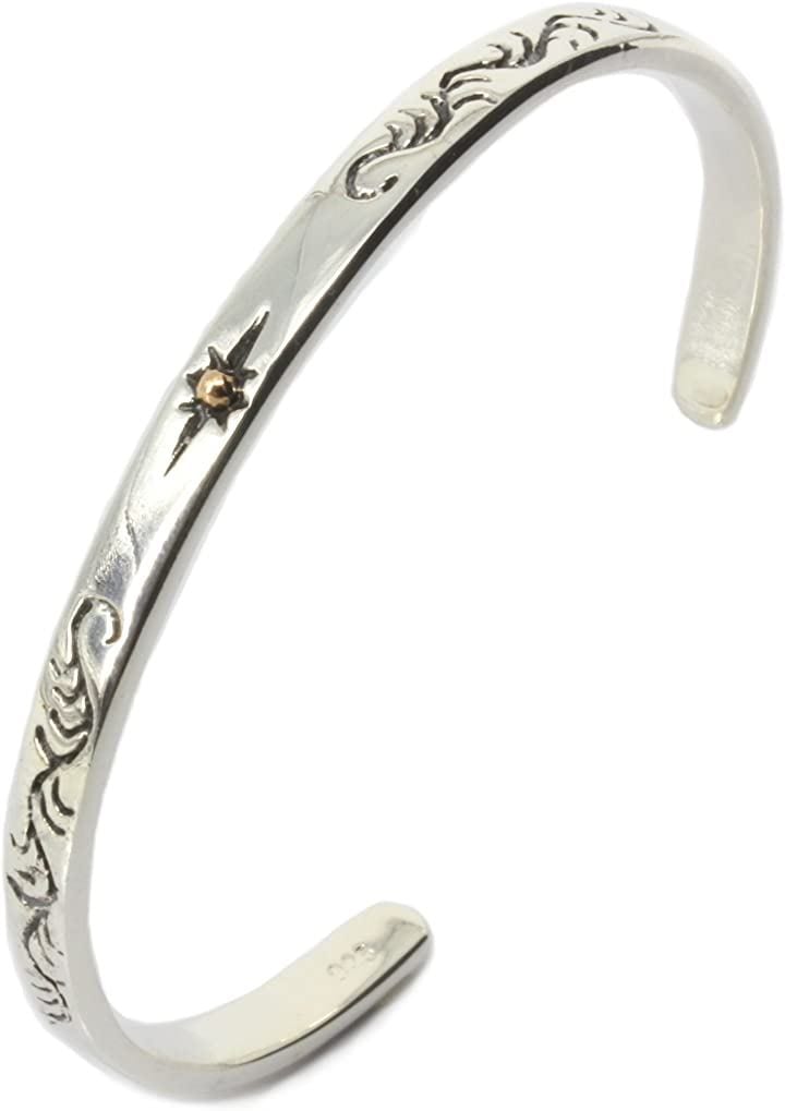 シルバー 925 バングル ブレスレット ゴールドサン ネイティブ アメリカン サンライズ アラベスク オープン カフ メンズ(シルバー)