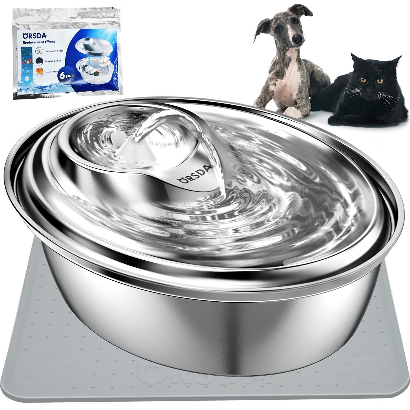 ORSDA 猫自動給水器 ステンレス製 2L 清潔感 洗いやすい 猫みずのみ自動 蛇口式湧水式流れる水 静音 6枚フィルター/清掃ブラシ/説明書付 多頭飼い/お留守番対応の犬猫水飲み器