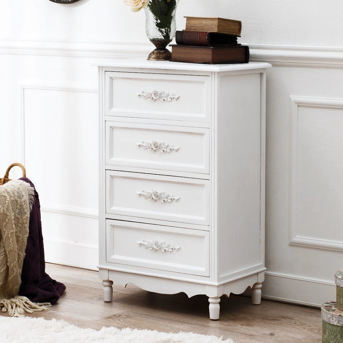 チェスト 4段 ウッドプロダクツ 幅50cm 足付 ホワイト 引き出し FAX台 電話台 整理タンス 書類ケース 衣類収納 木製 姫系 クラシック