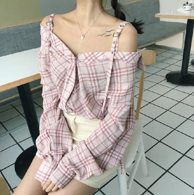 2194.チェック柄 2way オフショル シャツ トップス(ピンク)