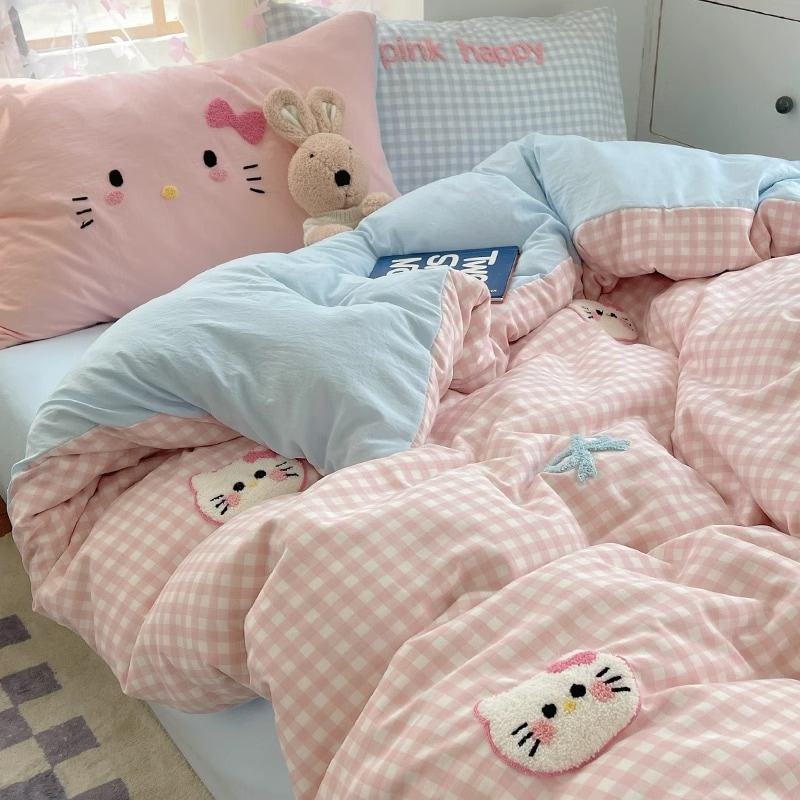 インウォッシュコットンベッド4点セットタオル刺繍寝具女の子かわいい学生寮掛け布団カバーシーツ3点セット