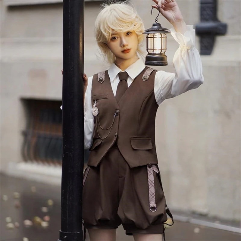 ロリータ セットアップ 復古cla系 王子系 皇子系 探偵 コスプレ シャツ ベスト サスペンダー キュロットパンツ 少年装 レトロ おしゃれ ゴスロリ