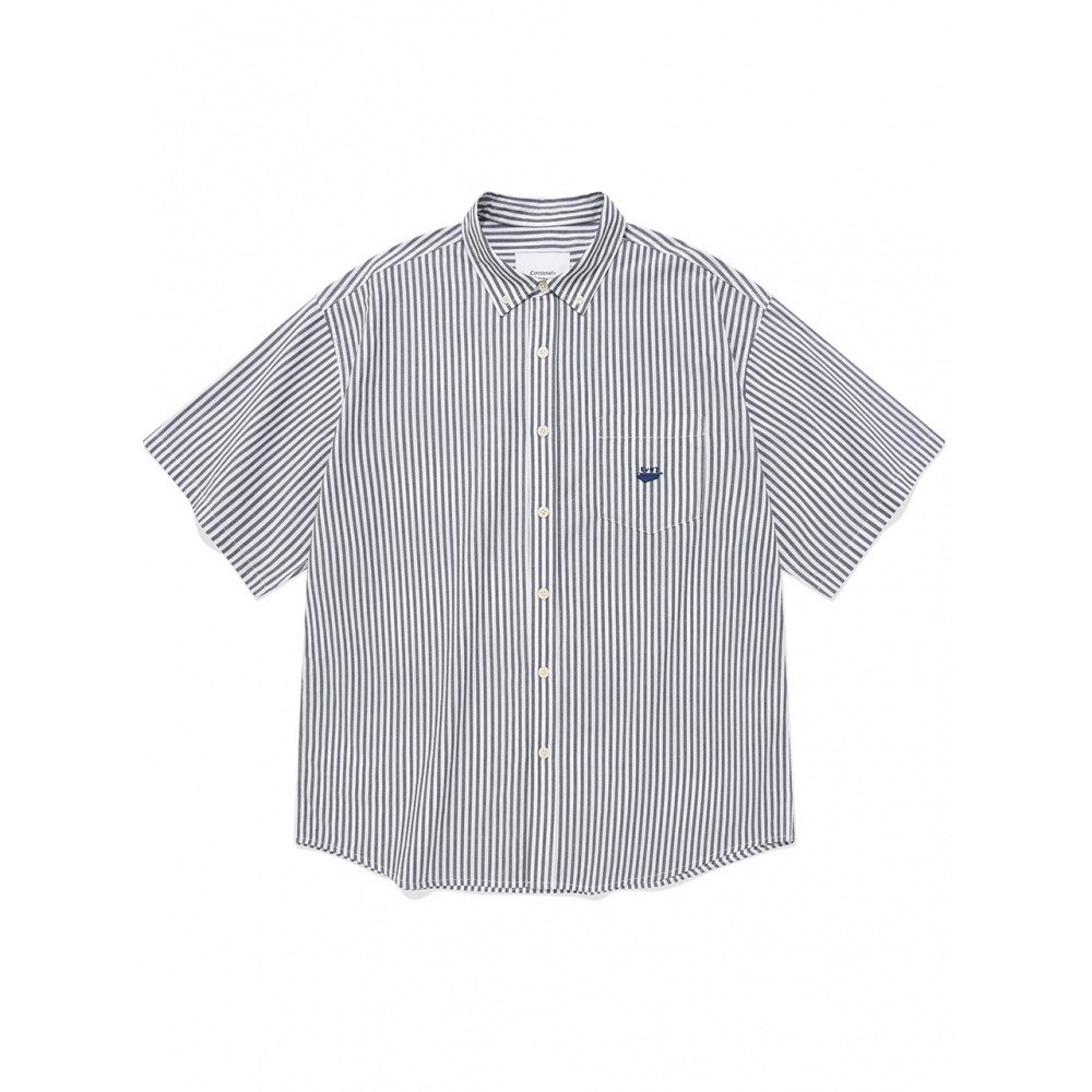 COVERNAT ウェールロゴストライプハーフシャツネイビー