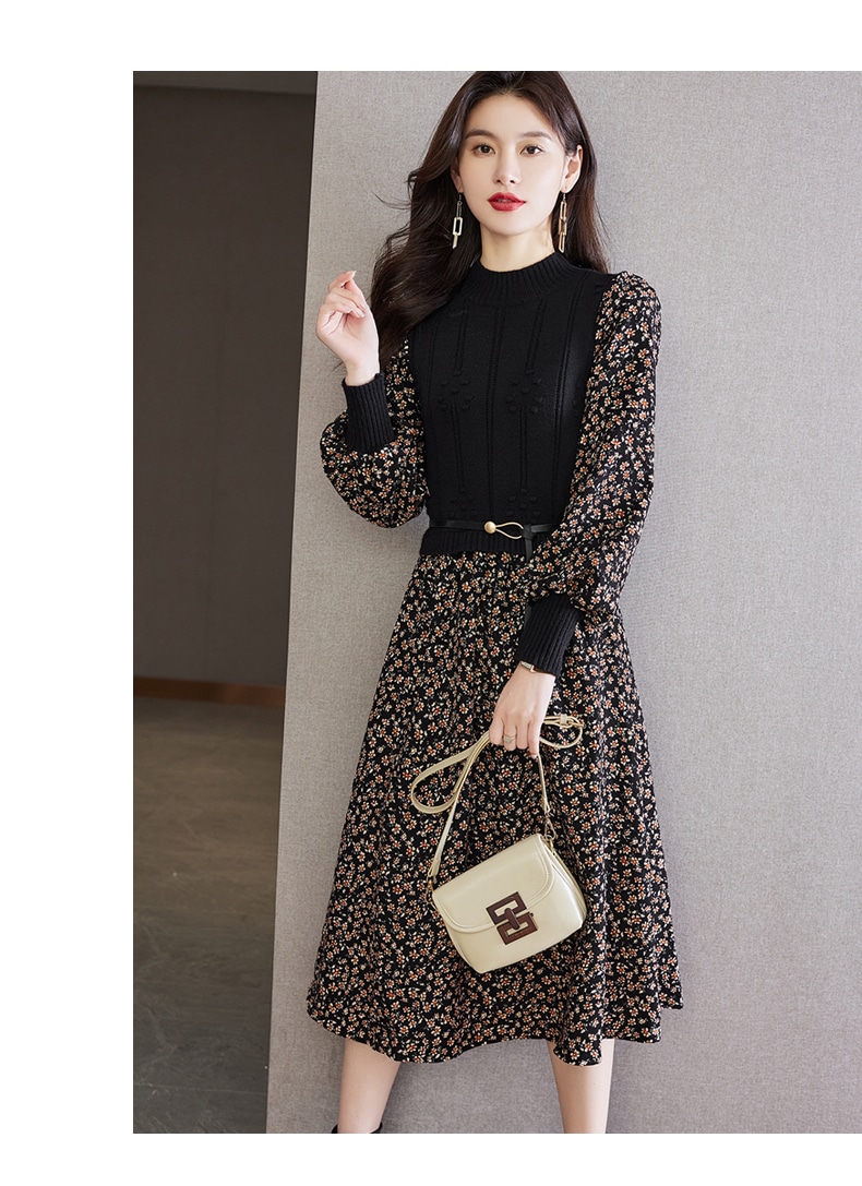 ファッション ニット フローラル スリーブ ドレス 冬 スリム Aライン スカート 個性的なデザイン ブラック M L XL XXL ワンピース 袖あり かわいい 大人可愛い きれいめ シンプル