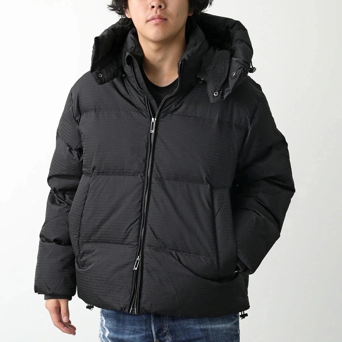 EMPORIO ARMANI エンポリオアルマーニ ダウンジャケット 6D1BC3 1NNXZ メンズ ナイロン スタンドカラー フード付 総柄 ロゴ 0999