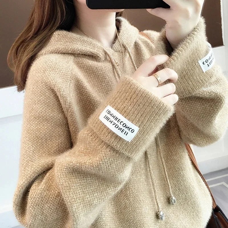 人気なリブニット 秋冬新作 ゆったり フード付きニットセーター レディース 韓国ファッション カジュアル 怠惰な風 快適 ニットトップス 暖かい ベーシックニット 百掛け インナー アンダー