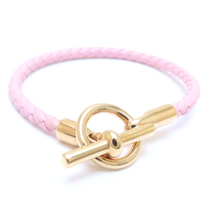HERMES エルメス グレナン ブレスレット ローズサクラ ピンクゴールドメッキxレザー /293825【中古】