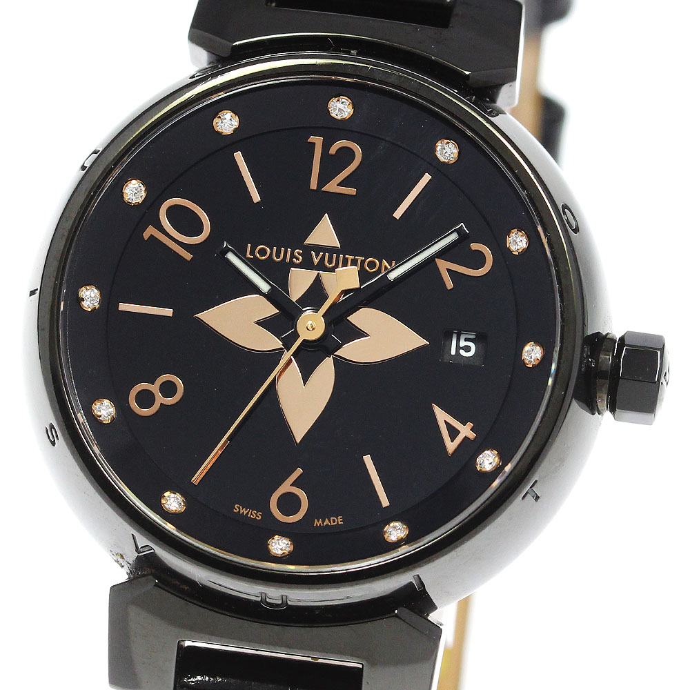 ルイ・ヴィトン LOUIS VUITTON QA047 タンブール オールブラックPM 12Pダイヤモンド クォーツ レディース 箱付き_809001【中古】