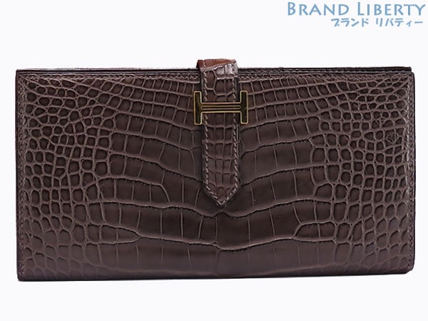 ほぼ新品エルメスベアンスフレアリゲーターマット二つ折り長財布クロコダイルダークブラウン