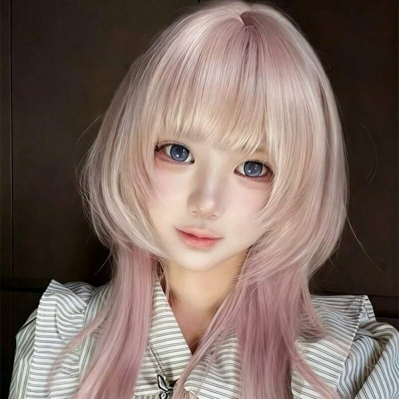 ウィッグ レディース ピンク グラデーション ロング ハイレイヤー 前髪付き フルウィッグ プリンセスカット コスプレ 日常用