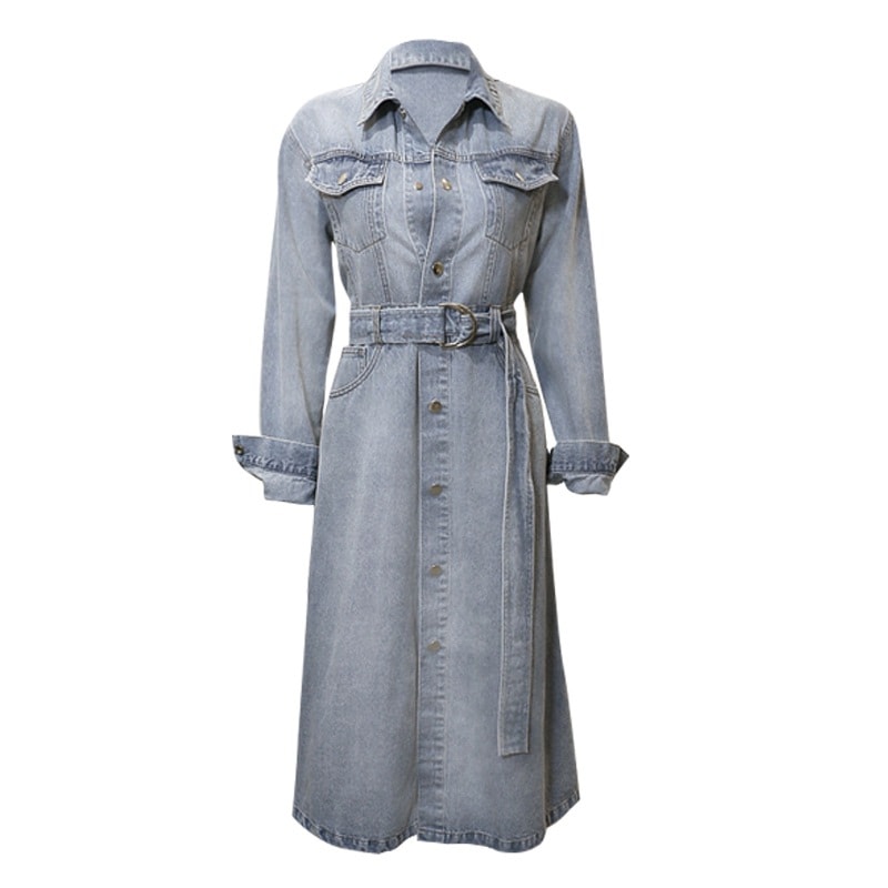 ワンピース デニム 前ボタン レディースファッション ミモレ丈 ウエストベルト 韓国 お洒落 春 秋 冬 フレア Aライン ライトブルー きれいめ カジュアル スポーティー メンズライク