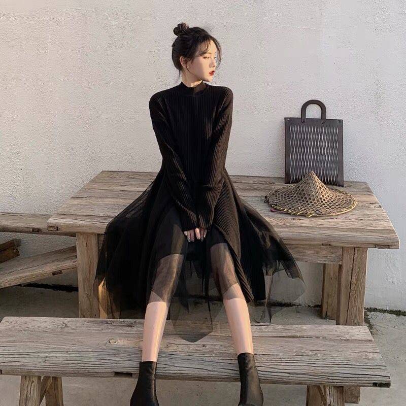 セットアップ 上下セット トップス ニット ロング 長袖 スカート ミディ丈 ミモレ丈 膝下 ハンカチヘム チュール 前後スリット 透け感 異素材 重ね着風 シンプル カジュアル おしゃれ