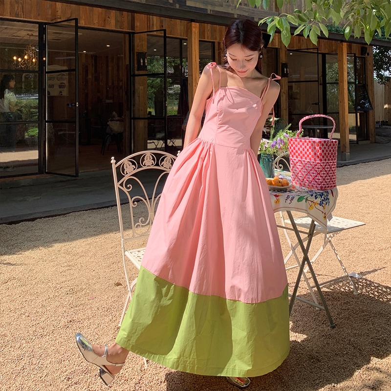 バイカラーキャミソールワンピース 切り替えワンピ キャミソールワンピース Ａラインロングワンピース 肩紐リボン ビーチドレス ロングワンピース ワンピース ドレス レディース サマードレス