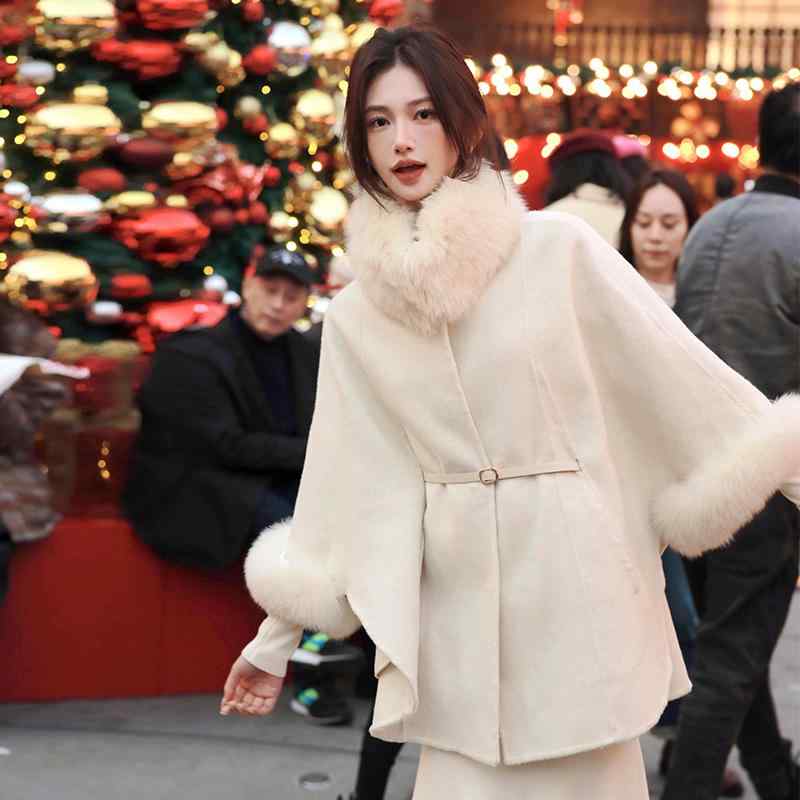 秋服 レディース ファッション オシャレ カワイイ シンプル 大人カワイイ 大きいサイズ ファー 襟 ポンチョ コート ウール ナイロン ジャケット ウエスト