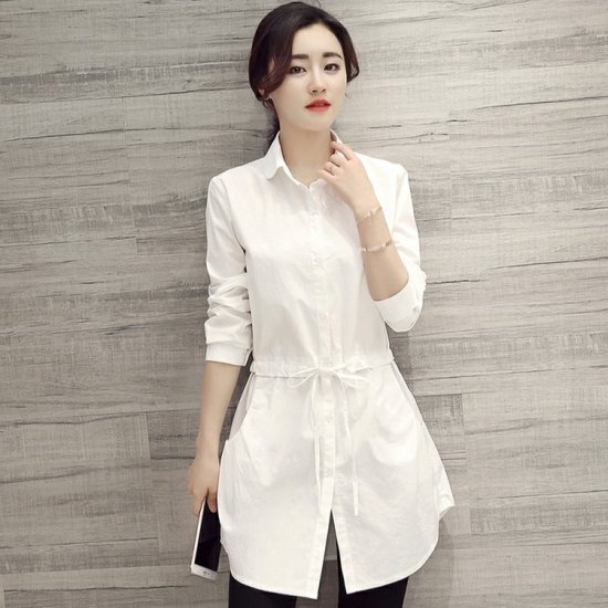 シャツ レディース ブラウス 長袖 ロングシャツ チュニック リボン ウエストリボン ギンガムチェック 白 ホワイト 前開き ナチュラル きれいめ カジュアル コットンシャツ おしゃれ オフィス