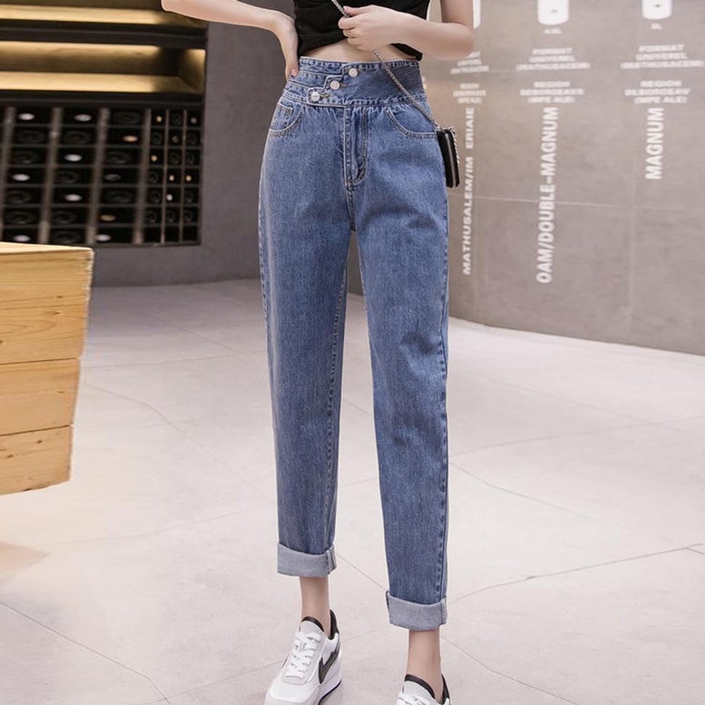 デニムパンツ ボトムス パンツ ハイウエストデニムパンツ レディース デニム ジーンズ ハイウエスト ウエストマーク 裾カット ダメージ テーパードパンツ ブルー ブラック 抜け感 シンプル