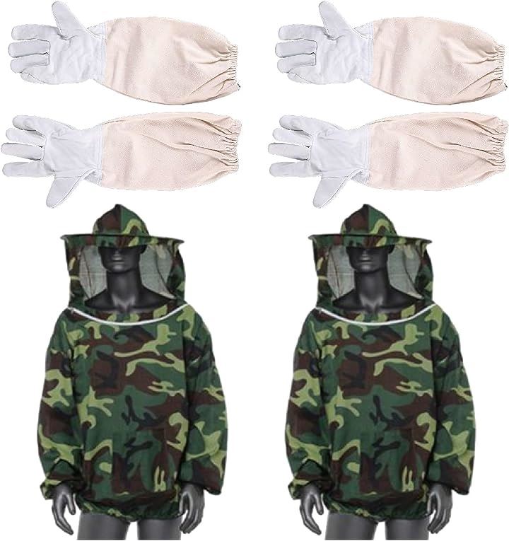 養蜂用品 防護 服 手袋 帽子 フェイスネット 防虫 農業 作業 駆除 蚊 ハチ(迷彩色防護服2着+手袋2双のセット)