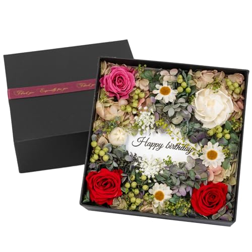 ORANGE APRON プリザーブドフラワー フラワーボックス メッセージカード付き (グリーン×レッド/ Birthday) 日本製 (ギフト/プレゼント/お誕生日) フラワーギフト