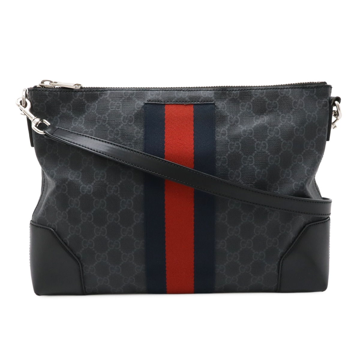 GGスプリーム ウェブライン メッセンジャーバッグ ショルダーバッグ 2WAY クラッチバッグ PVC レザー ブラック グレー 47413