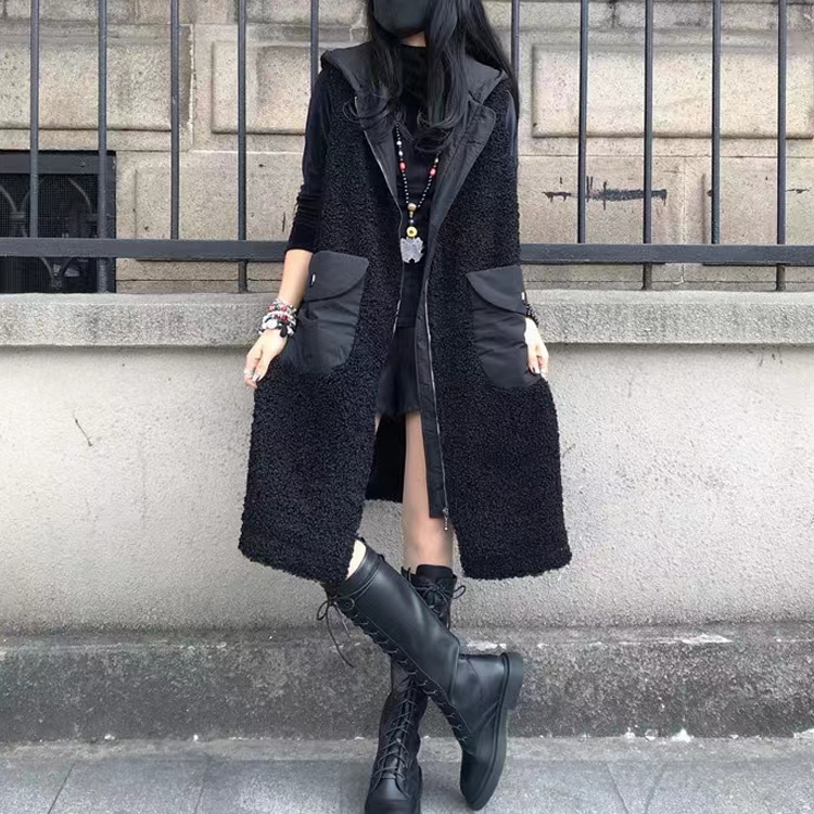 フーディボアロングベスト ジレ ビッグポケット レディース トップス もこもこ ジッパー 異素材ミックス カジュアル おしゃれ レトロ 無地 秋 冬 通勤 通学 お出かけ 休日 暖かい M L XL