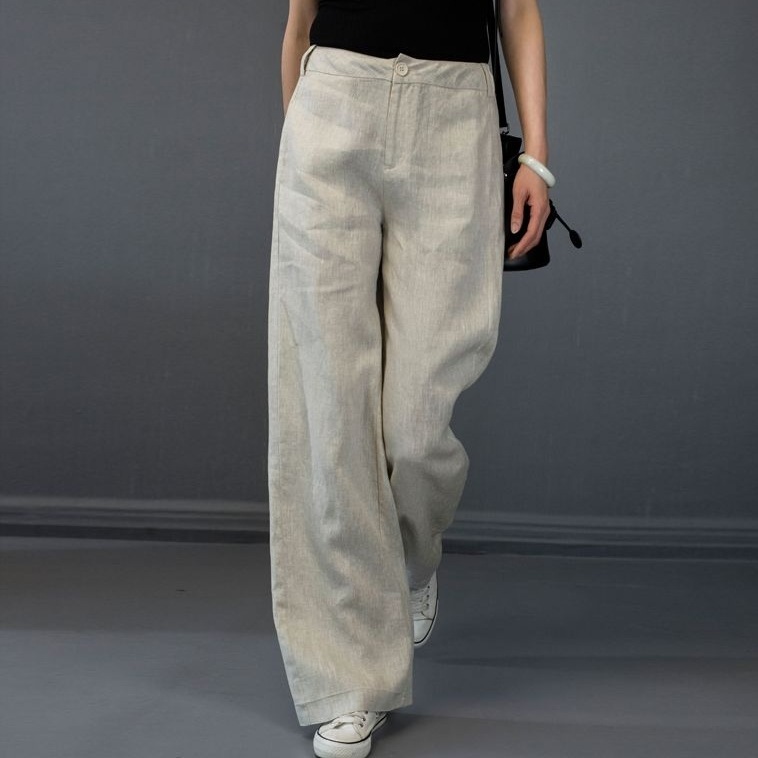 【気質修身】 綿麻風 シンプル 無地 ボタン レギュラー丈 カジュアルパンツ