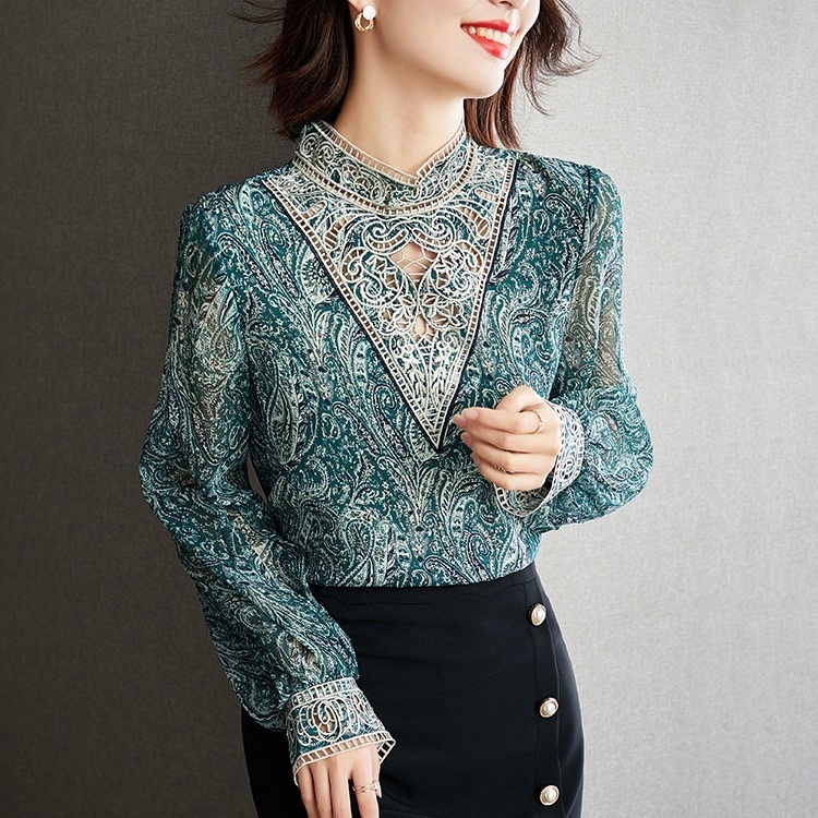 レディース トップス シャツ ブラウス 長袖 ボリューム袖 ハイネック フェミニン レース 透け感 シースルー 異国風 かわいい 大人可愛い きれいめ 上品 おしゃれ レトロ アジアン エスニック