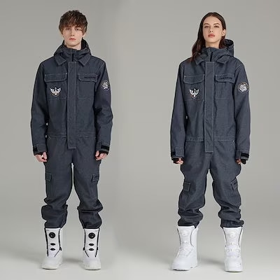 [迅速な出荷] スノーボードウェア ウィンタースポーツ ウェア スキーウェア スキー スノボウェア デニム つなぎ 防寒着 上下セット 男女兼用