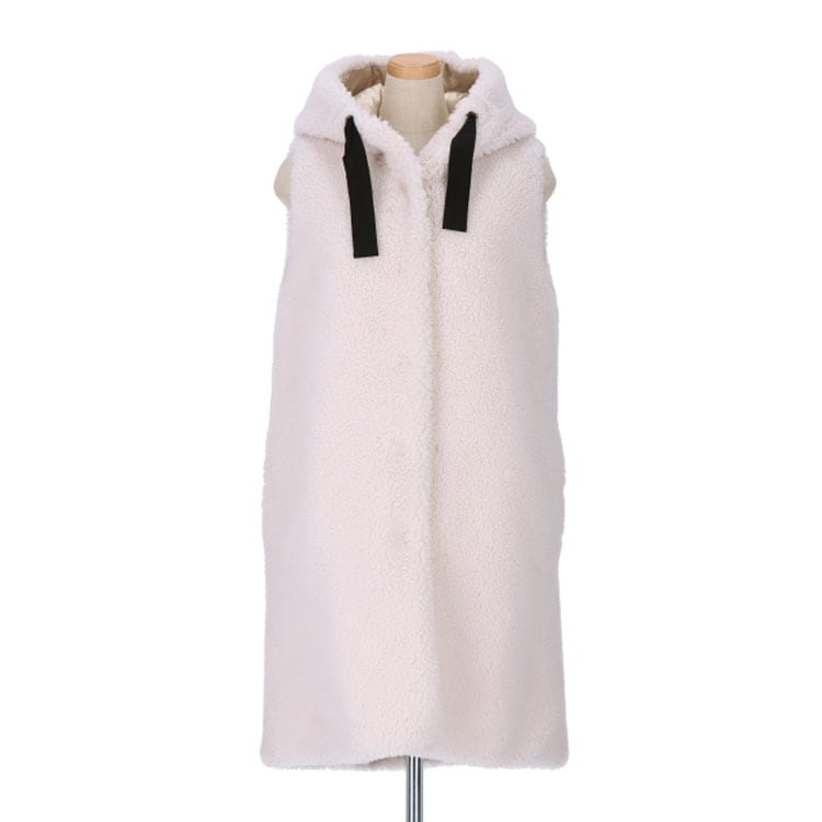 ジレ エコファー ベスト ロング フード付き フェイクファー ベージュ レディース 送料無料 ギフト プレゼント