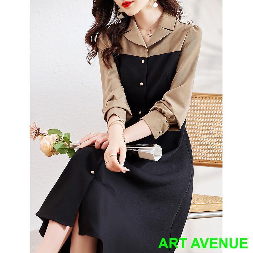 秋服 長袖ワンピース シャツワンピース レディース 40代 きれいめ 黒 切り替え Vネック Aラインスカート オシャレ韓国風 大人 通勤OL 30代 50代