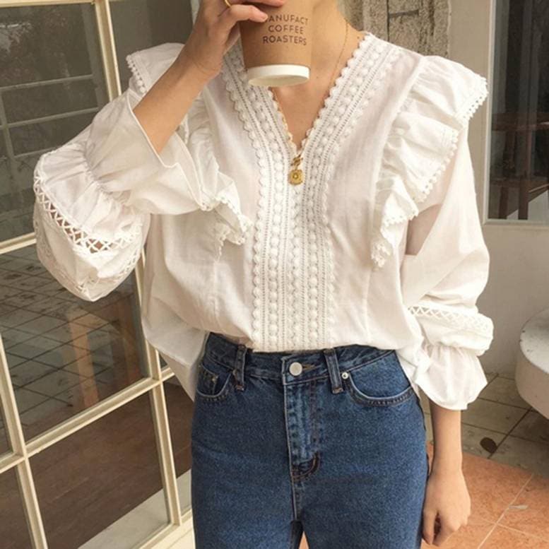 レディース ショルダーフリルVネックブラウス フリルブラウス トップス シャツ ブラウス プルオーバ