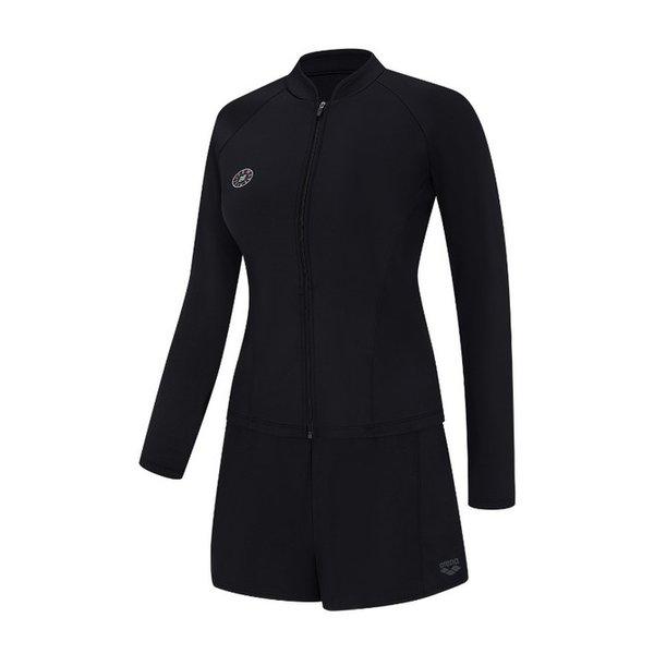 女性用ビーチジップアップラッシュガード+2部パンツセット水着(プレーンレジャー)(A4BL1PS72)BLK