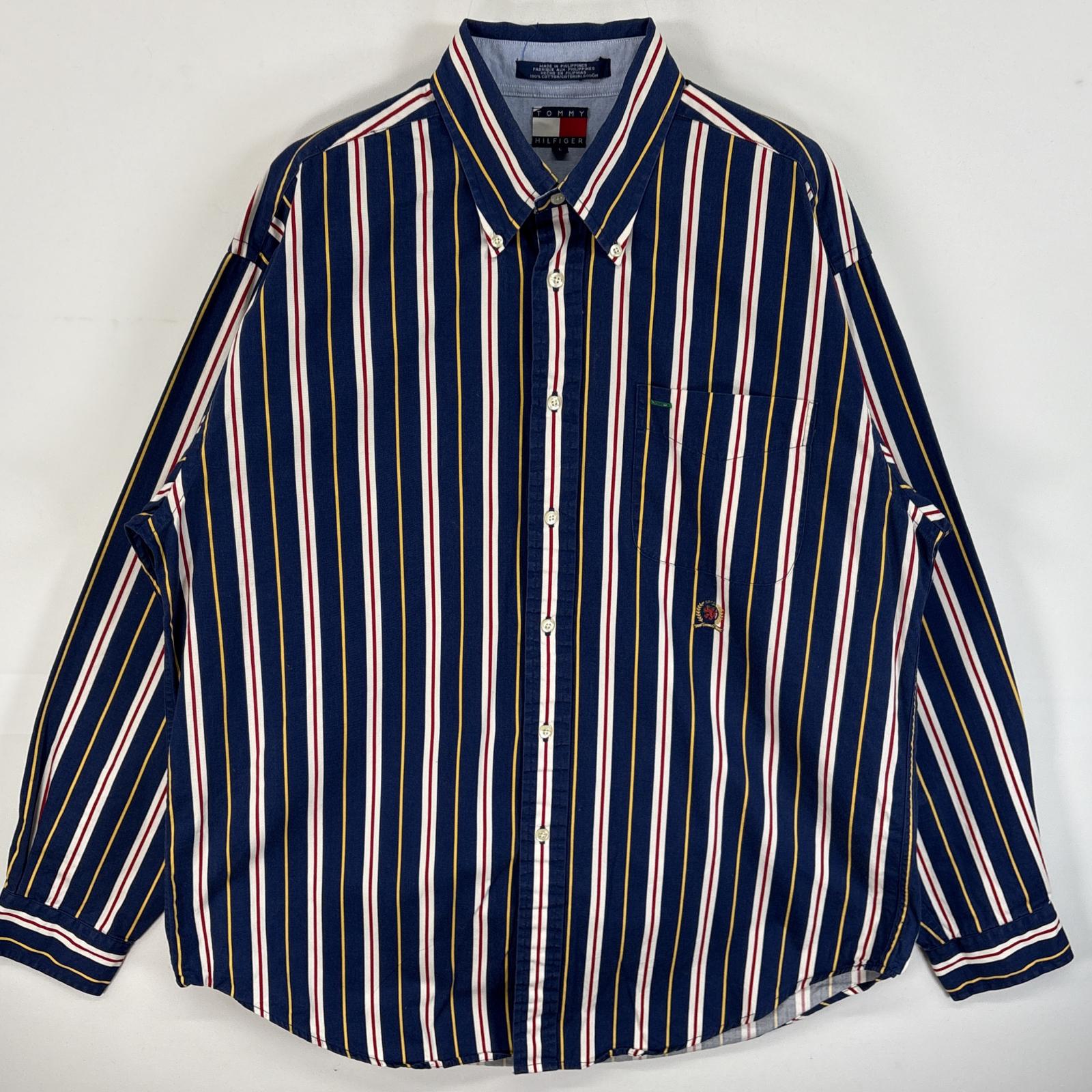 古着 90s/90年代 長袖シャツ ワンポイント ロゴ 刺繍 ストライプ 厚手 L ブルー系 マルチカラー メンズ