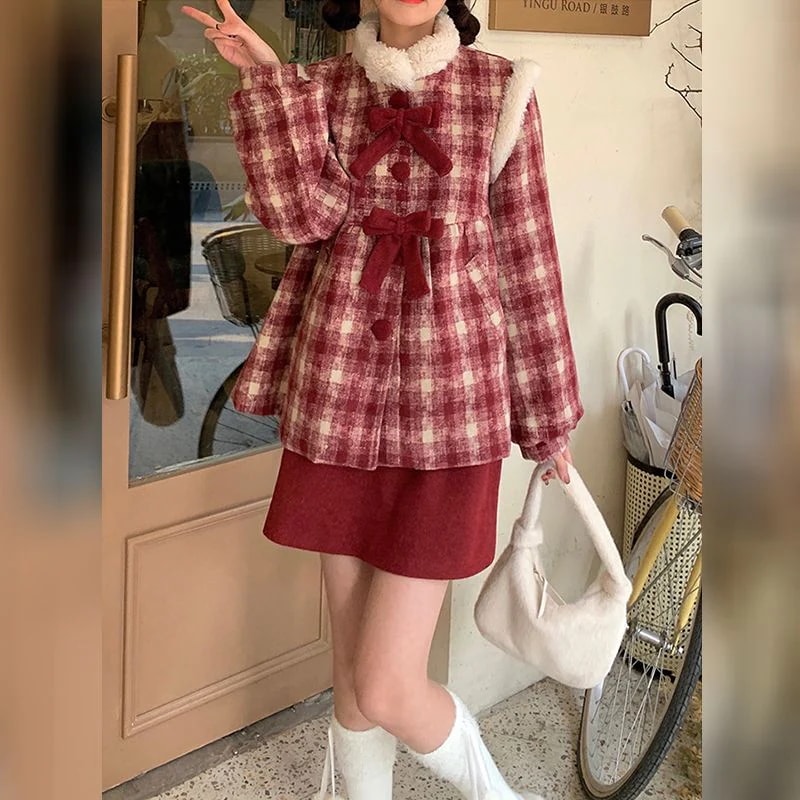 クリスマスセット 厚手 チェックウールコート+セクシーミニスカート 衣装 レディー上下2点セット
