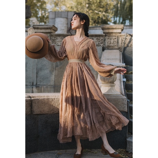 【取寄：納期2週間】パーティードレス 大きいサイズ ハイウエスト Vネック ロングスカート Aラインスカート 体型カバー ゆったり フェミニン お呼ばれ 結婚式ドレス レース 長袖 ロングスカート