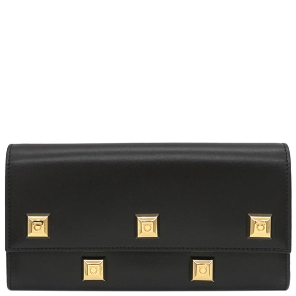 フェラガモ FERRAGAMO 長財布 ガンチーニ スタッズ レザー ブラック ゴールド金具 黒 二つ折り JP-22-D502 【箱】【中古】