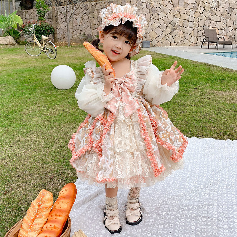 ロリータプリンセスドレス子供秋新作長袖フレンチ花柄ロリータドレス気質おしゃれレーススカート